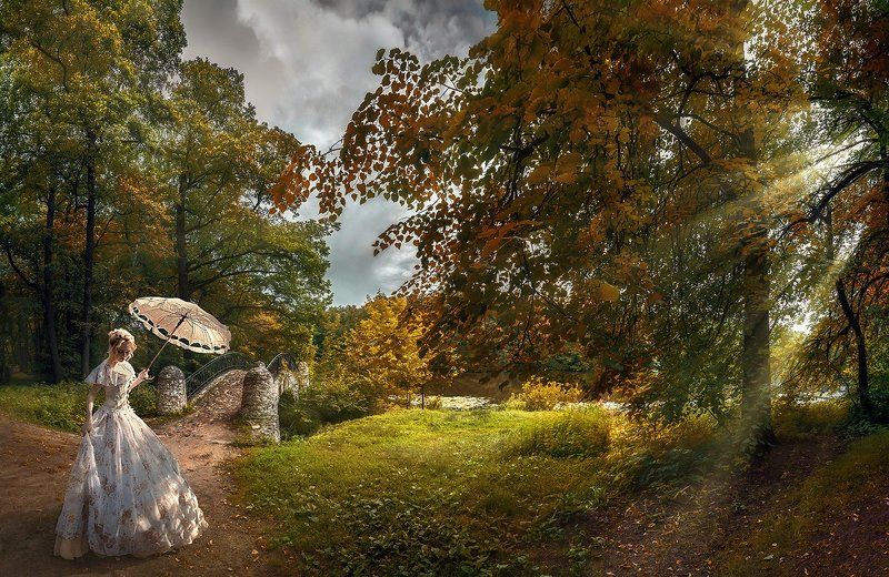 осень, лучи, солнце, мостик, парк, зонтик, прогулка Завтра осень... фото превью