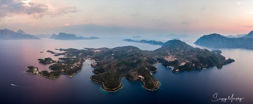 Sunset above Meganisi island, Greece'17 ( 2 row panorama, DJI drone )