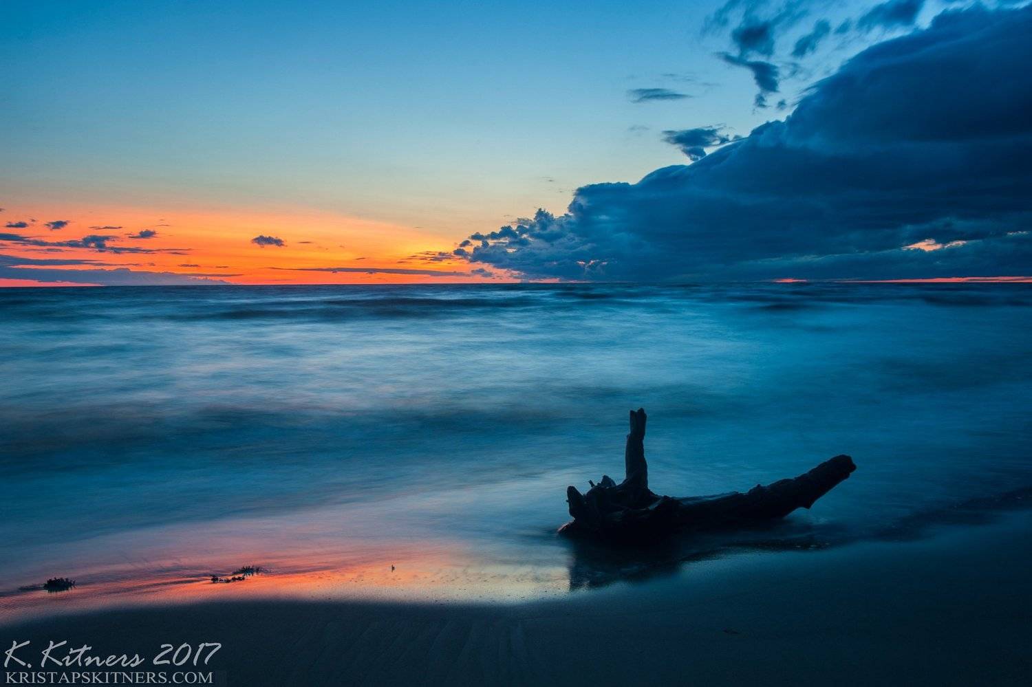 sea seascape water sky clouds branch reflection sunset evening latvia, Kristaps Kitners
