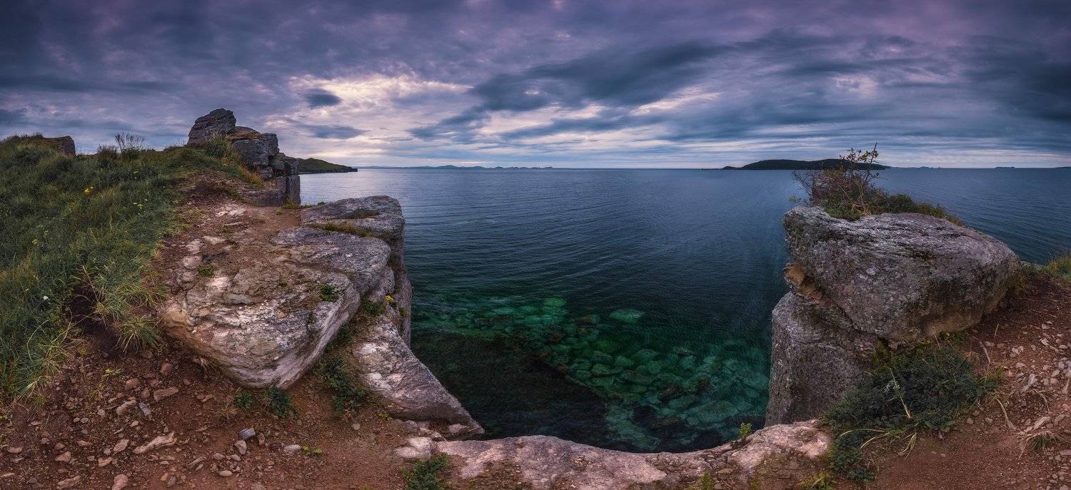 панорама, утро, море, скалы, небо, облака, Андрей Кровлин