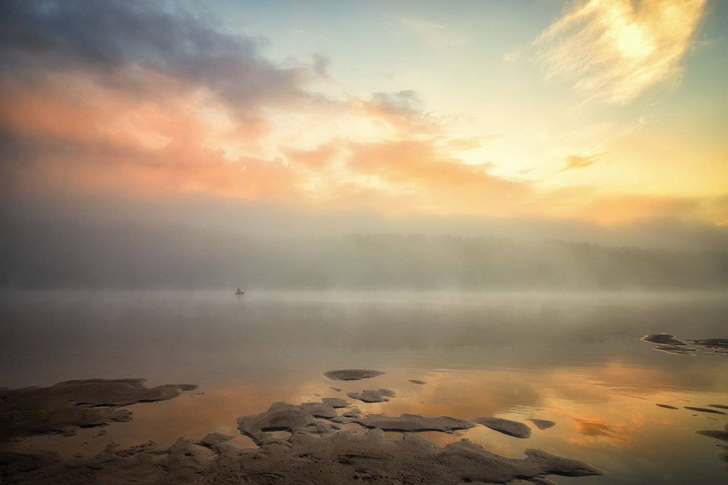 река, закат, солнце, отражение, облака, вечер, туман, Пушкарев Николай