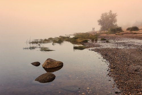 Раннее утро, река и туман