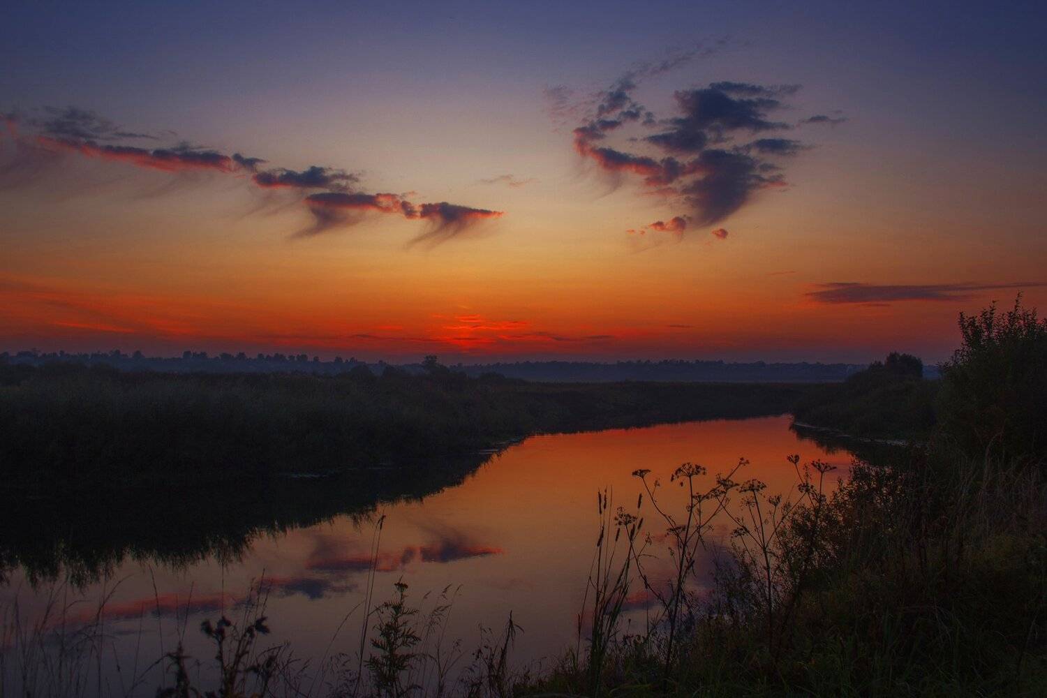 природа, закат, река, осень, поле, лес, Екатерина