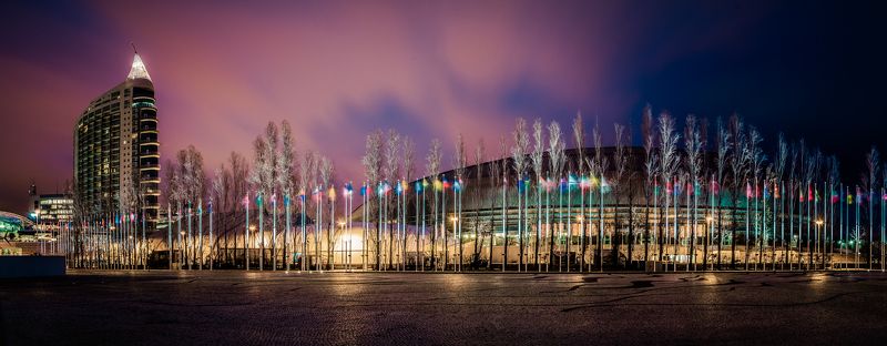 city, cityscape, art, night, nightscape, color, lights, sky, clouds, cloudscape, building, architecture, flags, longexposure Parque das Nações фото превью