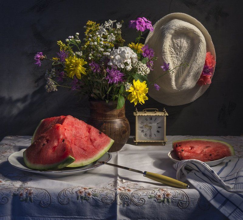 натюрморт,цветы,арбуз, осень, Вкус осени. фото превью