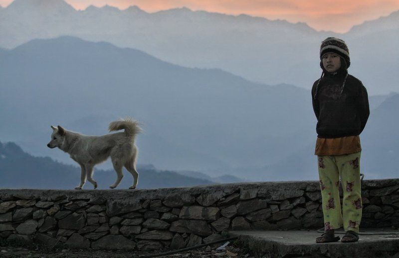 непал, гималаи, мальчик, раннее утро, утро, рассвет,  собака, мальчуган, пижама, горы Патрулируя рассвет в Гималаях :) фото превью