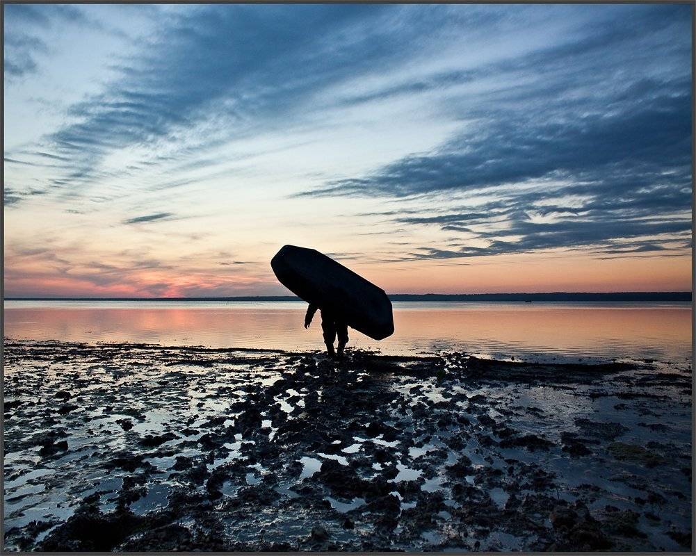 жанр, закат, вода, небо, облака, лодка, человек, Владимир Крылов