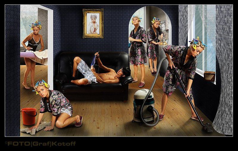 квартира, пылесос, уборка, хлеб, резать, варить, готовить, лежать, диван, мыть, пол, ведро, тряпка, халат, картина, гладить, кухня, окно, штора, Любимая, я подарю тебе эту звезду......! фото превью