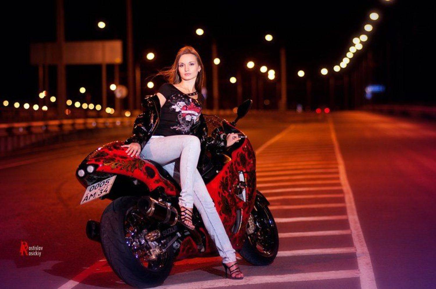 девушка, мотоцикл, ночь, дорога, Ростислав Росицкий