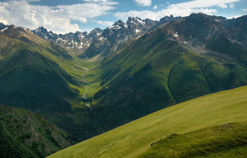 горы,карачаево-черкесия,кавказ,приэльбрусье,нацпарк,национальный парк,хребты,вершины,холмы,свет,лучи,проблеск,зелёный,высота,скалы,лето,июль,2017 год,путешествие,маршрут, треккинг, поход,ритм,волны,линии Горные ритмы фото превью