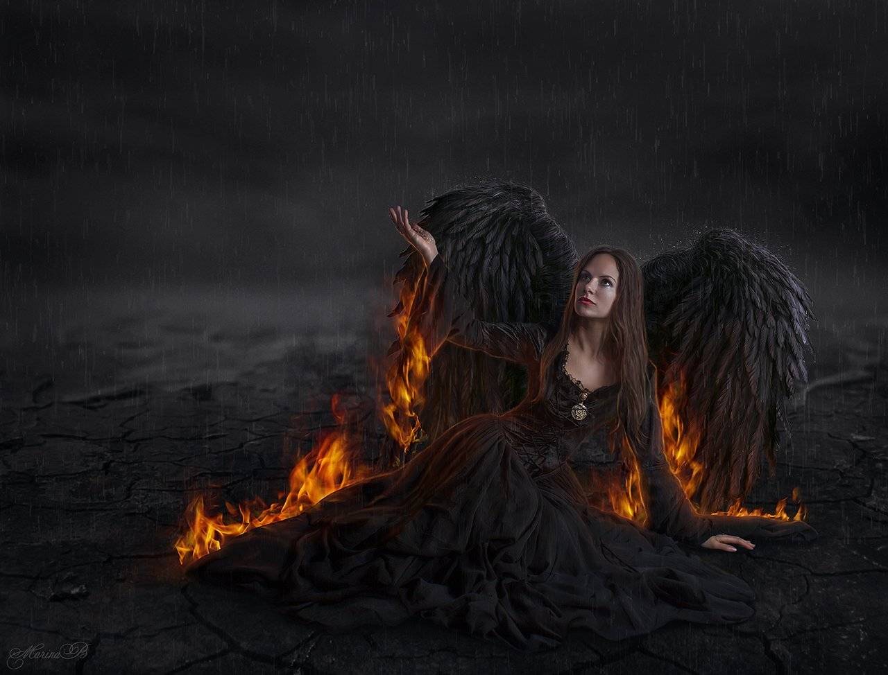 art, dark, angel, fallen angel, огонь, ангел, падший ангел, ночь, темнота, Marina Baccardi