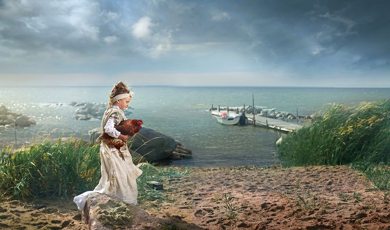 Estonian girl with a rooster running from a thunderstorm фото превью
