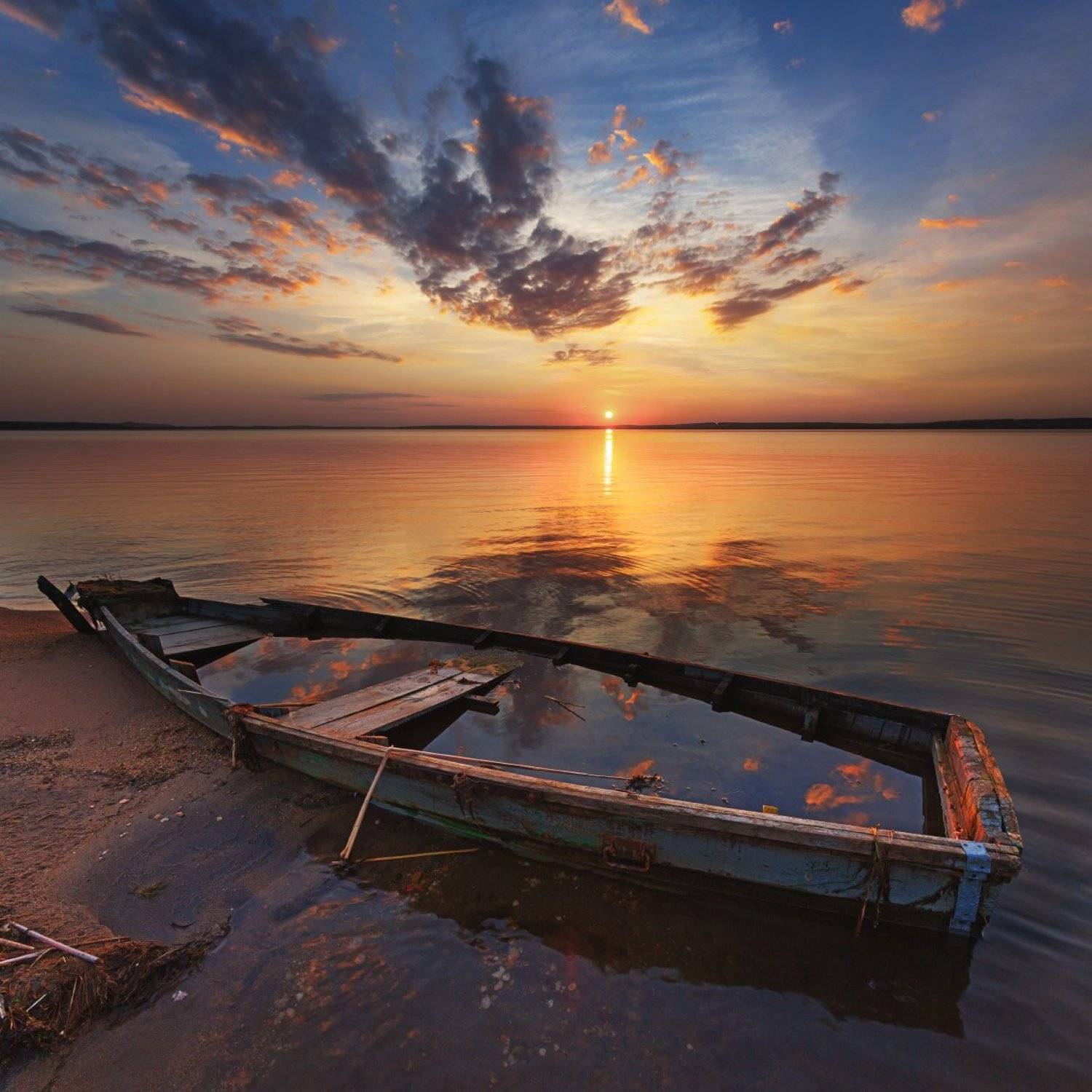 закат, лодка, озеро, Михаил Трахтенберг