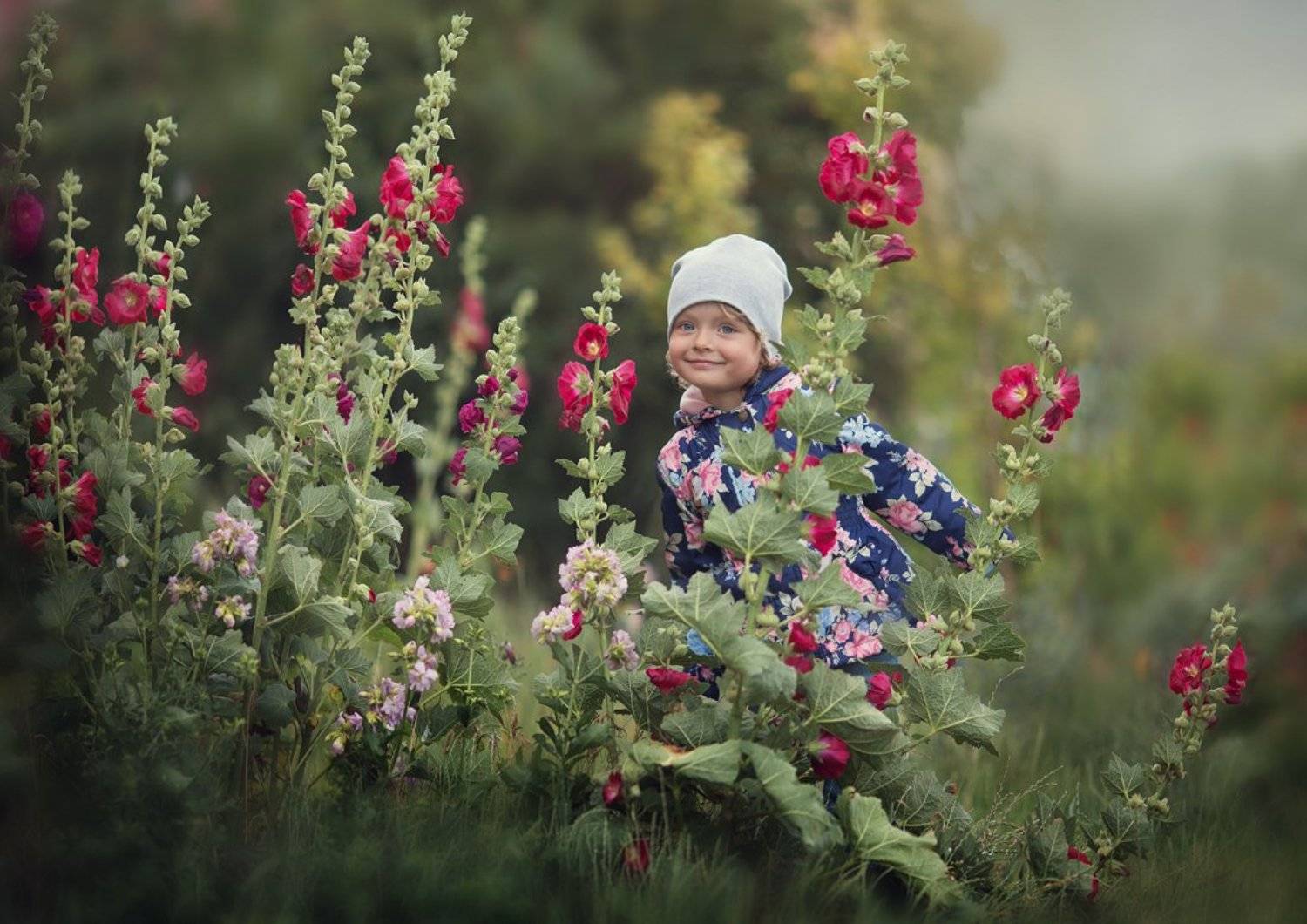 девочка, мальвы, Якшина Валентина