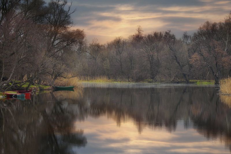 осень,утро,берег,река,лодочки Лодочная ... фото превью