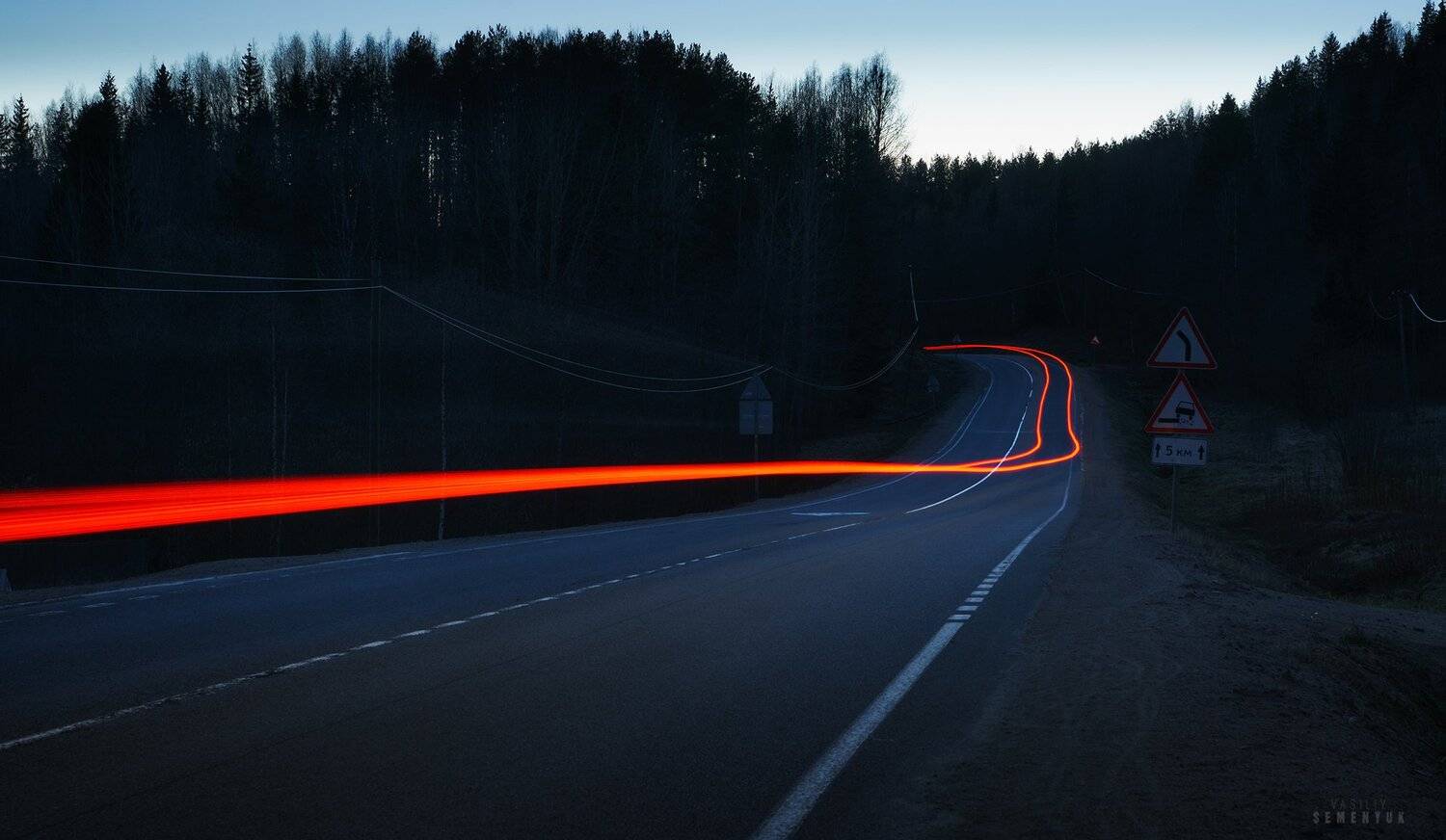 карелия, ночь, лес, дорога, световые линии, длинная выдержка., Семенюк Василий