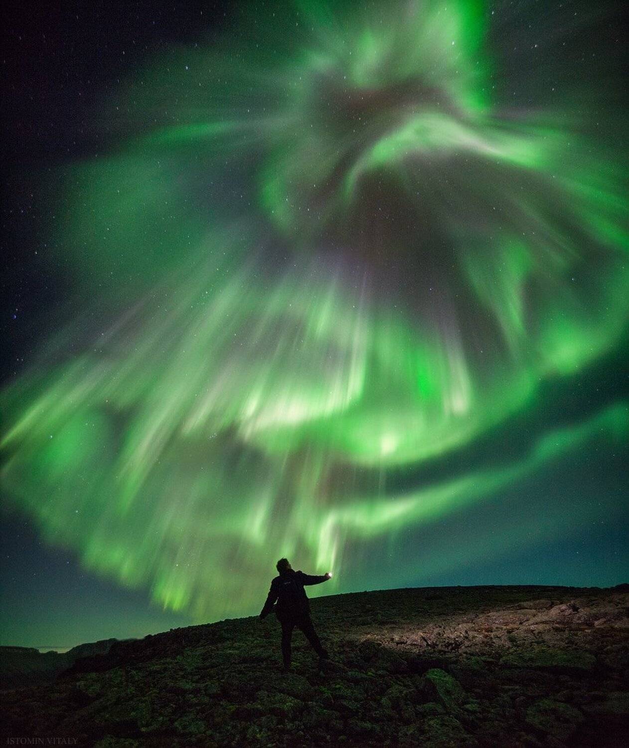 пейзаж,хибины,человек,россия,свет,сияне,aurora,landscape,панорама,селфи,ночь,звезды,цвет, Виталий Истомин
