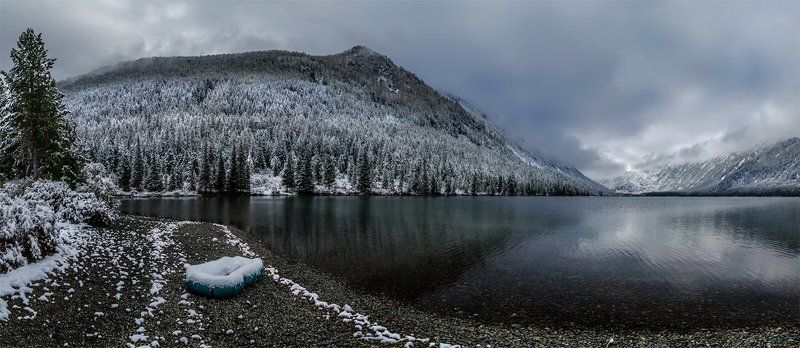 природа, пейзаж, алтай, горы, осень, мульта, озеро, панорама, снег, лодка, сибирь, *** фото превью