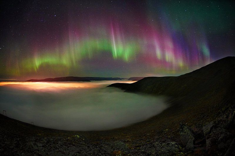 хибины,полярное сияние, кольский полуостров, север, осень,кировск Ночная прогулка над облаками фото превью