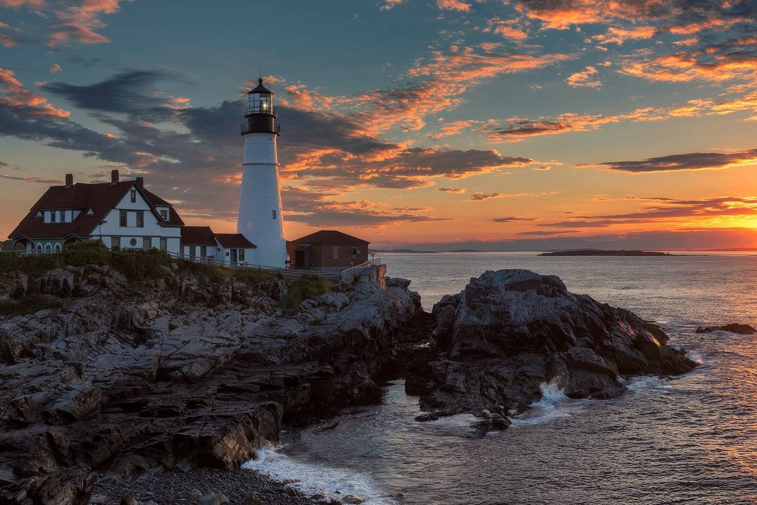 lighthouse,  maine, portland, head, usa,  cape, elizabeth, sunrise, sunset, coastline, color, landscape, sea, water, rocks, photography, monument, ocean, atlantic, new, england, coast, east, light, coastal, house, seascape, маяк, рассвет, море,, Дмитрий Виноградов