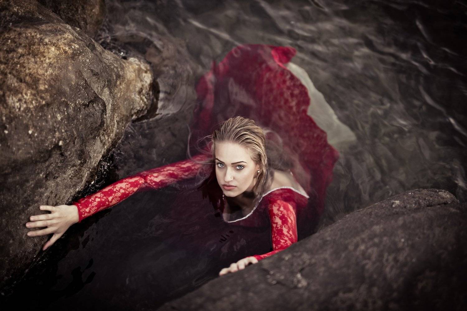 red, dress, model, sea, blonde, hair, fashion, Atanas Petkov