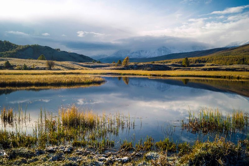 природа пейзаж алтай утро горы вершины облака ештыколь озеро отражение Ранним утром... фото превью