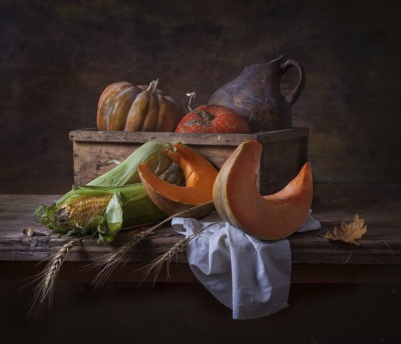 натюрморт,still life, тыква, кукуруза Натюрморт с тыквами и кукурузой фото превью