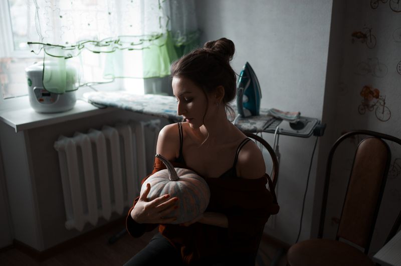 осень, девушка, портрет, тыква  фото превью