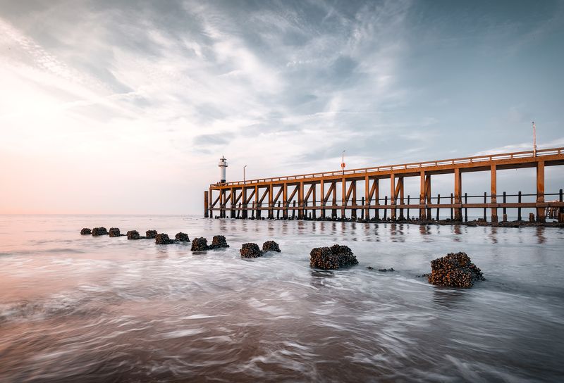 закат, северное море, волны, солнце, пирс, бельгия, *Rhythm-n-Blues* фото превью