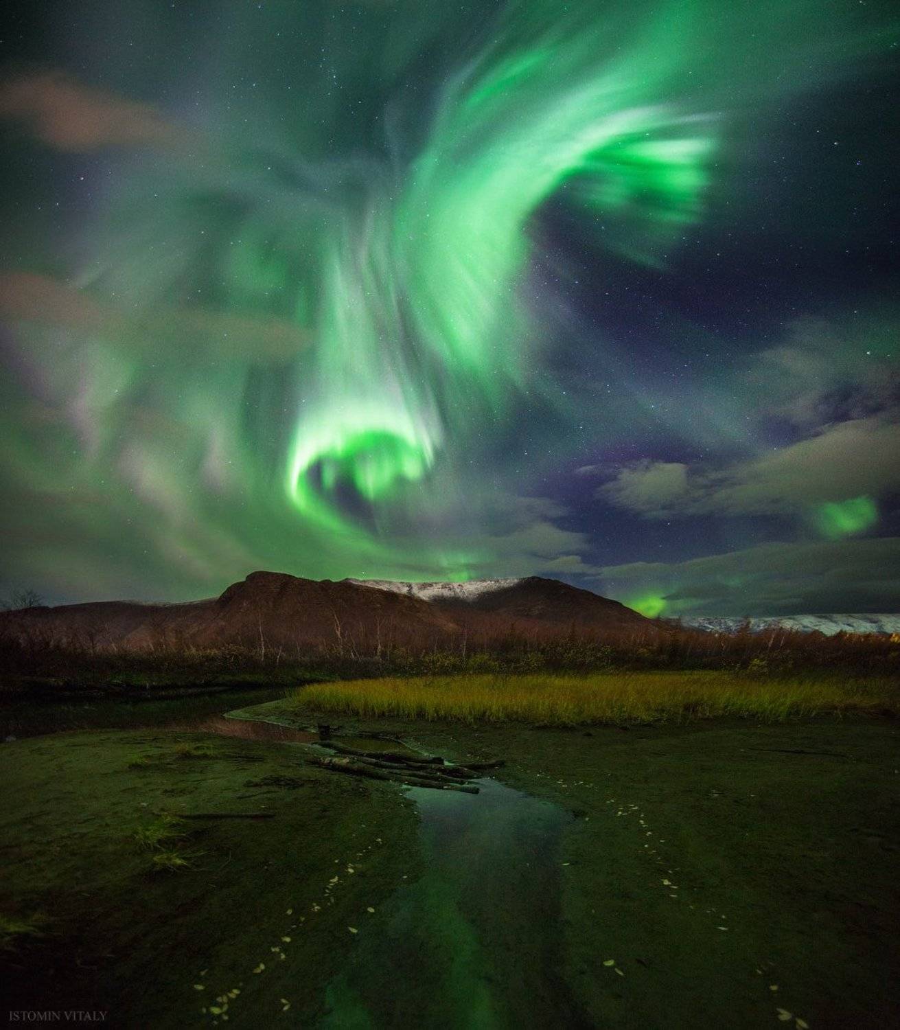 пейзаж,сияние,аврора,звезды,панорама,перспектива,вода,река,снег,горы,север, Виталий Истомин