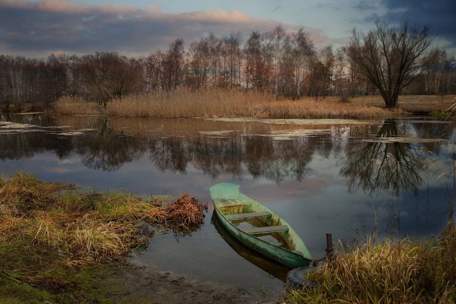 осень,утро,берег,река,лодочка, Roma  Chitinskiy