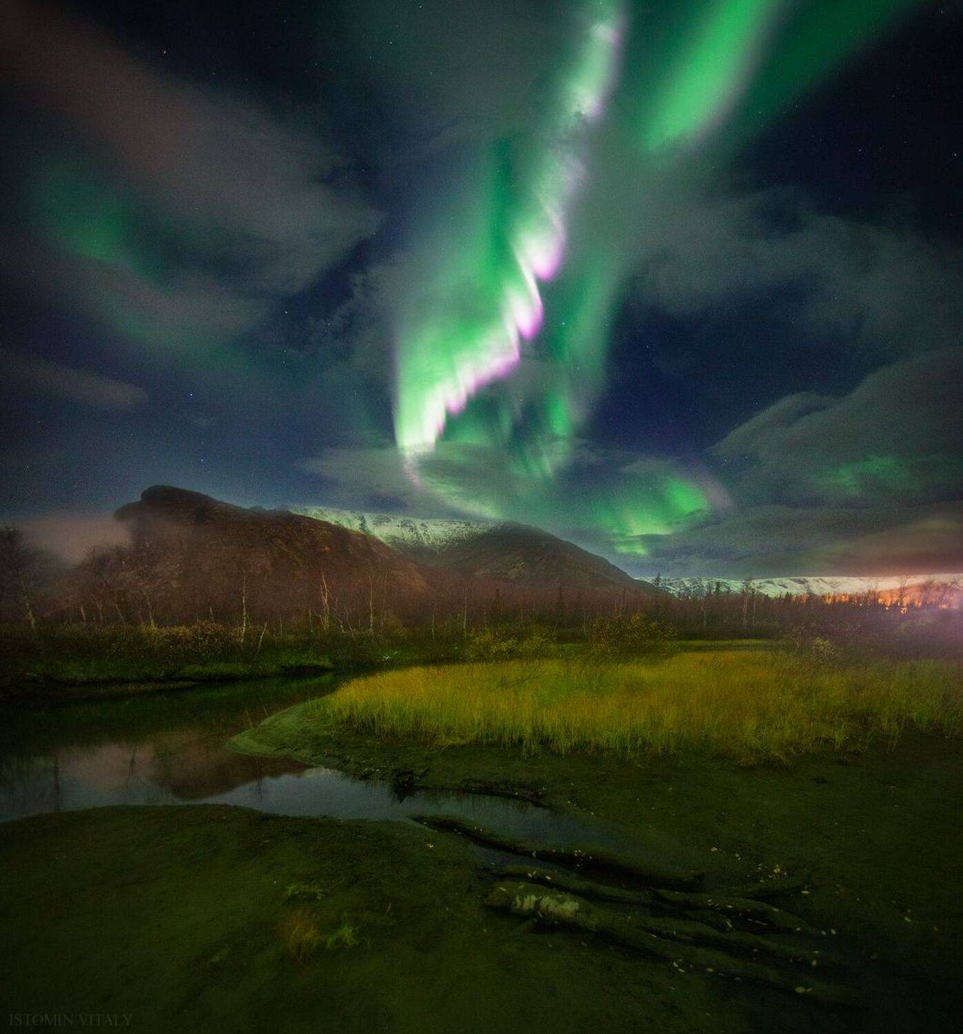пейзаж,сияние,звезды,россия,горы,панорама,отражение,перспектива,осень,снег,хибины, Виталий Истомин