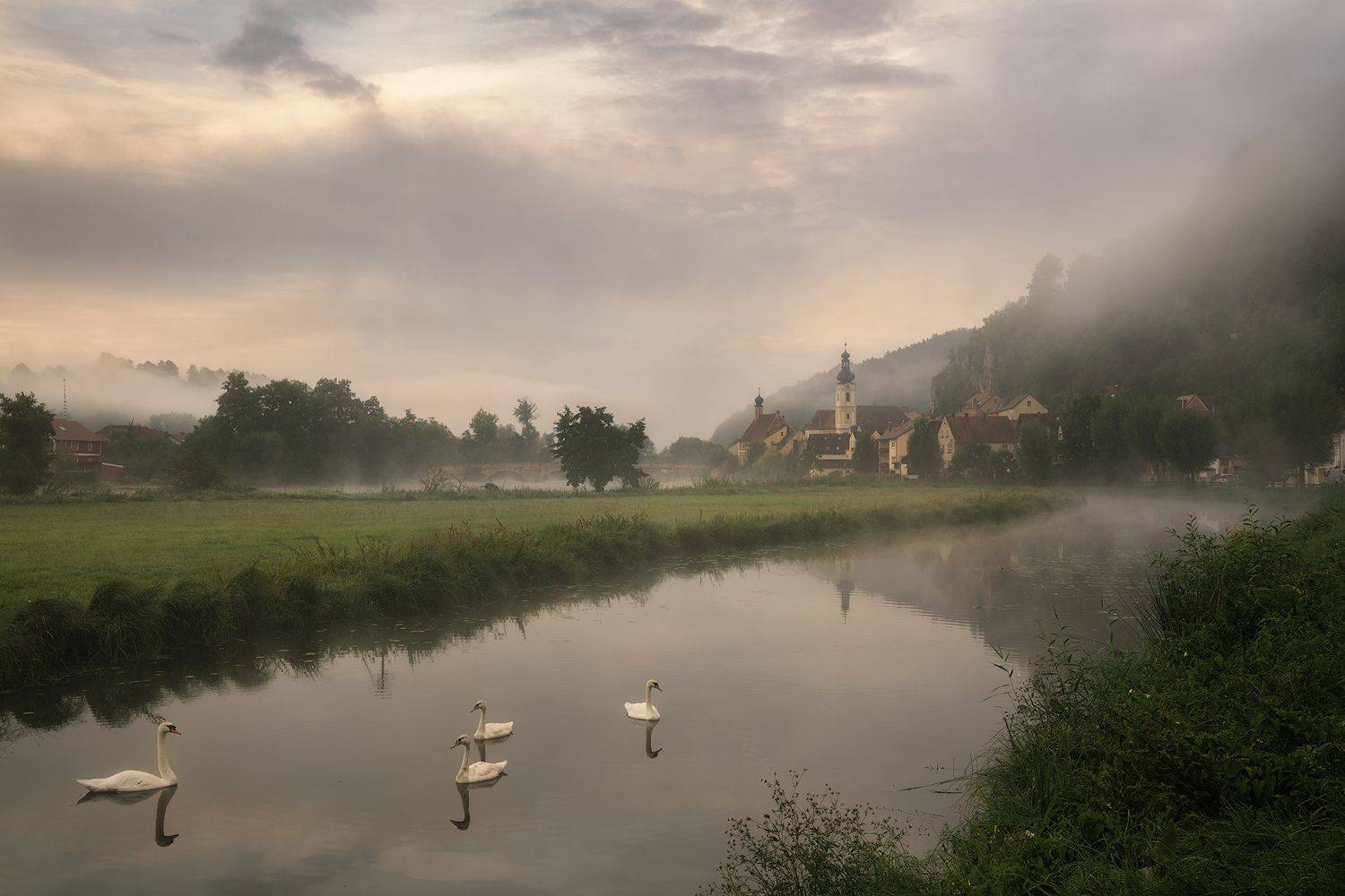 bavaria, birds, bridge, bush, church, church tower, field, fog, foggy, forrest, germany, grass, hill, houses, kallmuenz, kallm&uuml;nz, meadow, mist, misty, morning, morning fog, mountain, naab, naab valley, picturesque, river, river bank, steeple, swan, swans, Ludwig Riml