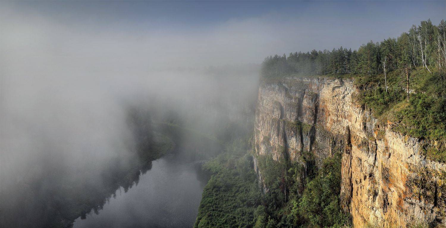 пейзаж, панорама, Урал, река, горы, Ай, туман, рассвет, Александр Бархатов
