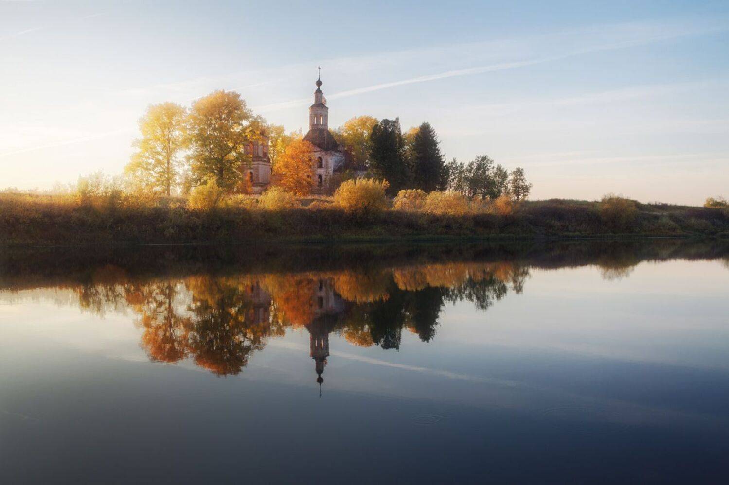 Осень, озро, отражение, церквоь, роща, Смольский Евгений