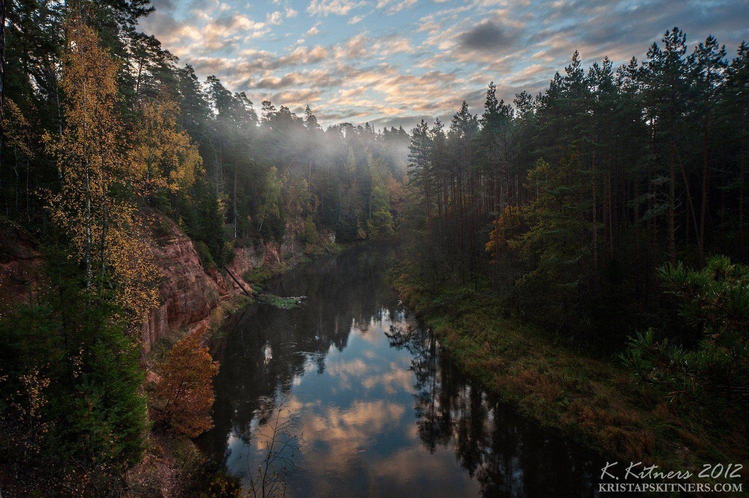river cliff reflection autumn forest tree leaf fog morning sky clouds, Kristaps Kitners