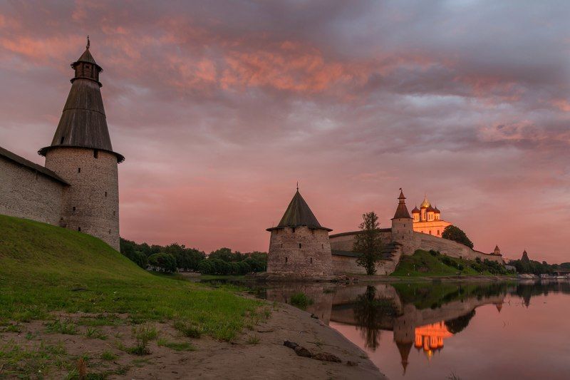 псков, pskov, великая, собор, река, закат, история, крепость, кремль, кром, небо. Кром на закате фото превью