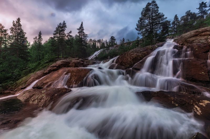 вечер, водопад, горы, камни, небо, облака, длительная, экспозиция Вечерний водопад. фото превью