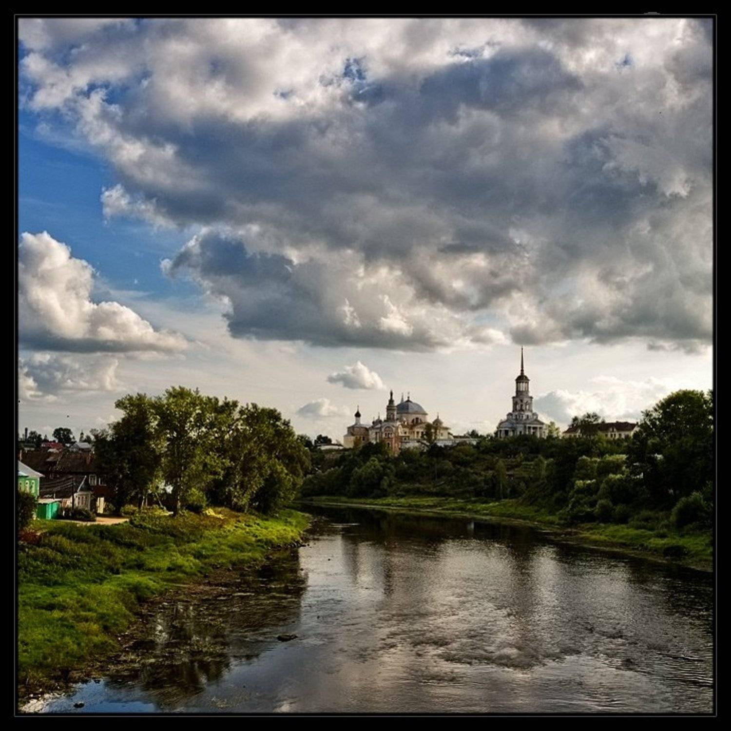 торжок, вечер, облака, город, река, церковь, Евгений Гаганов
