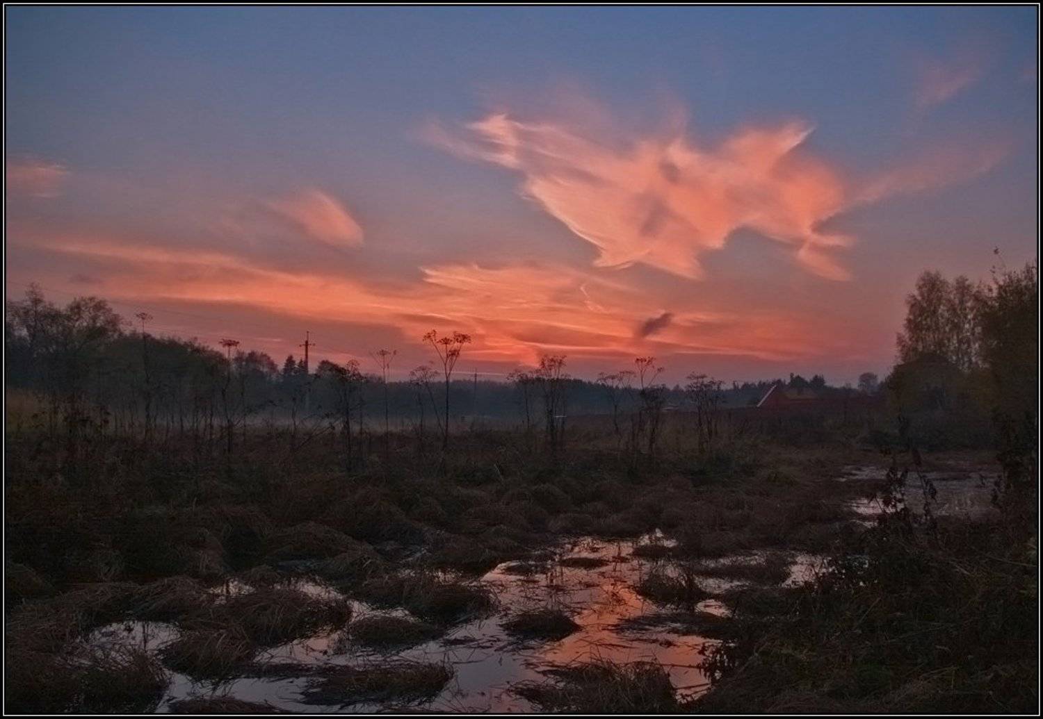 закат, туман, лужа, осень, отражение, Алёна