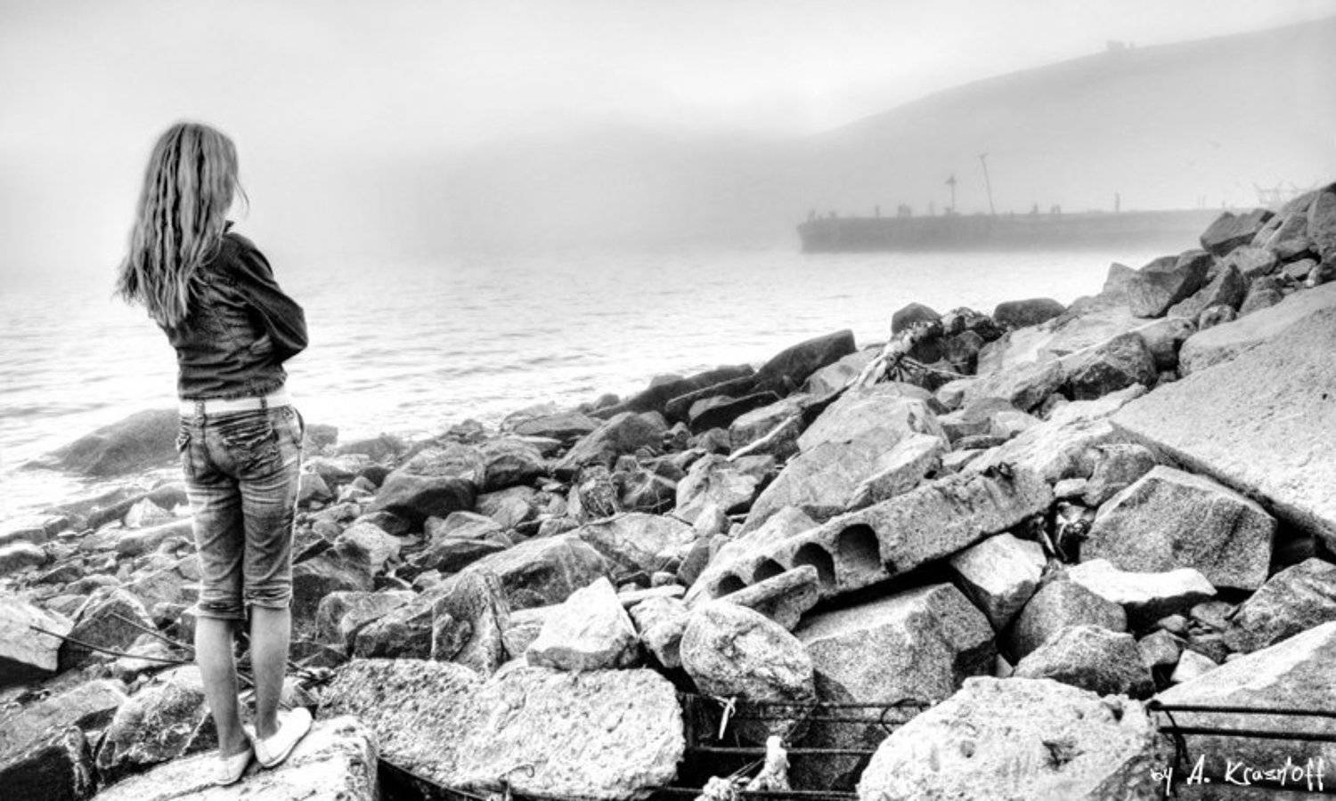 одиночество, печаль, грусть, ожидание, solitude, море, девушка, туман, A.Krasnoff