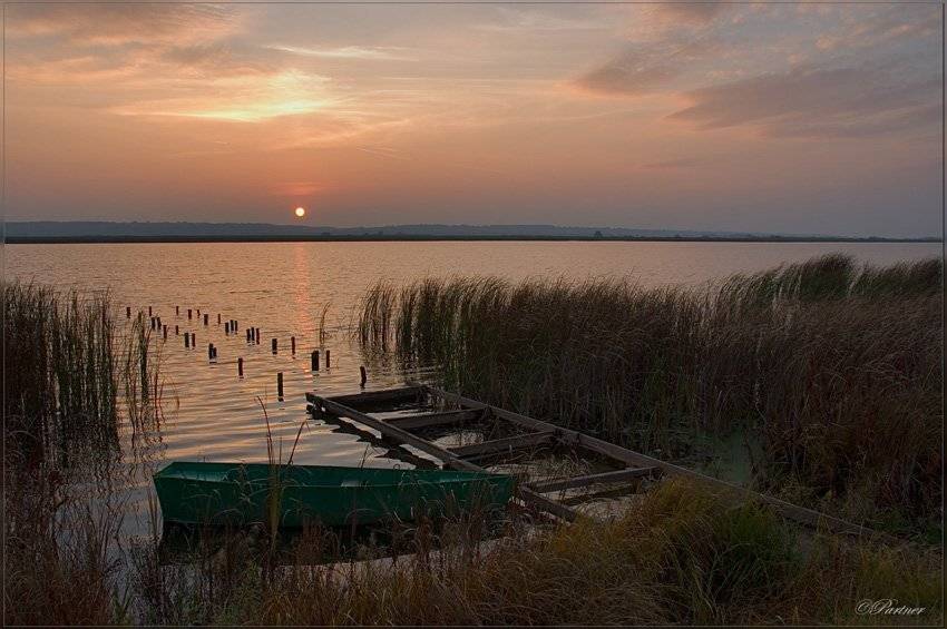осень, озеро, закат, лодка, Partner