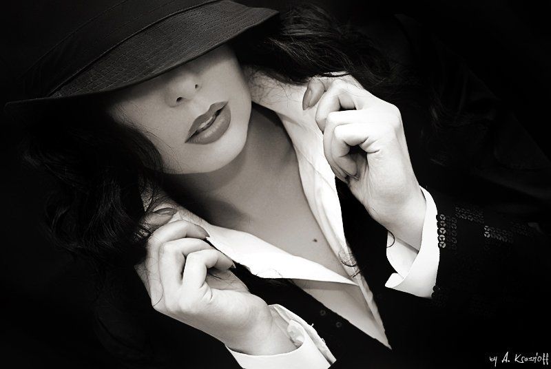 девушка, портрет, губы, шляпа b/w style... фото превью