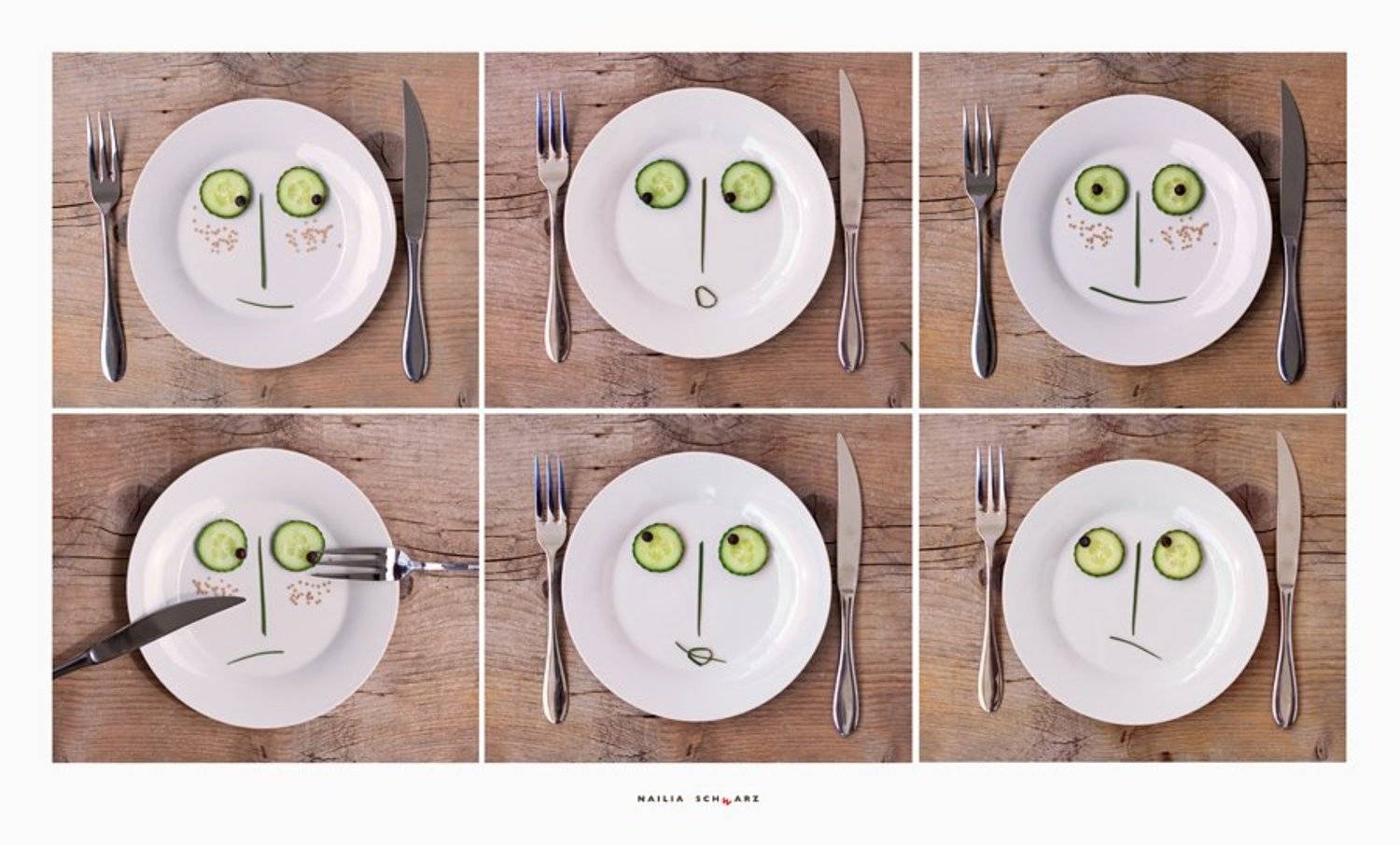 натюрморт, тарелки, огурцы, эмоции, лица, Nailia
