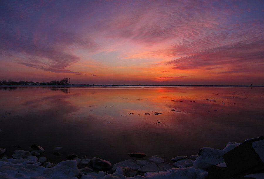 вечер, закат, заря, отражение, панорама, White