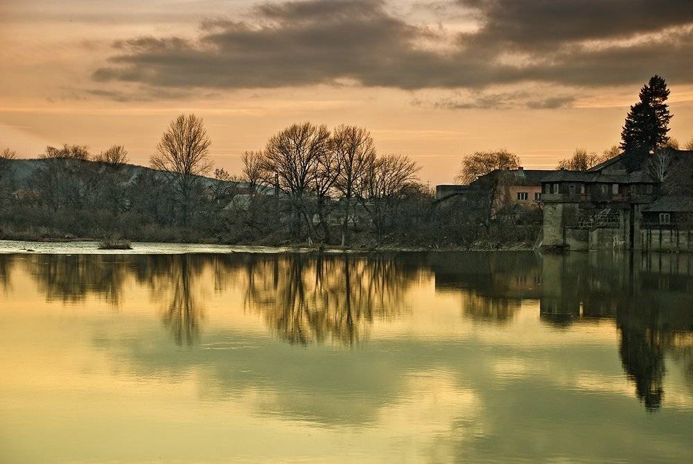 замок, вода, река, закат, отражение, осень, тайна,, Надежда