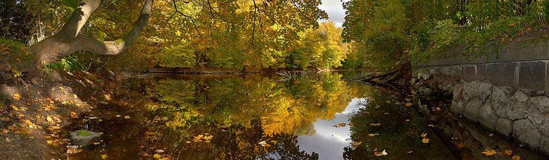 осень, отражение, вода, листья, панорама Золотая осень и оборонительный ров. фото превью