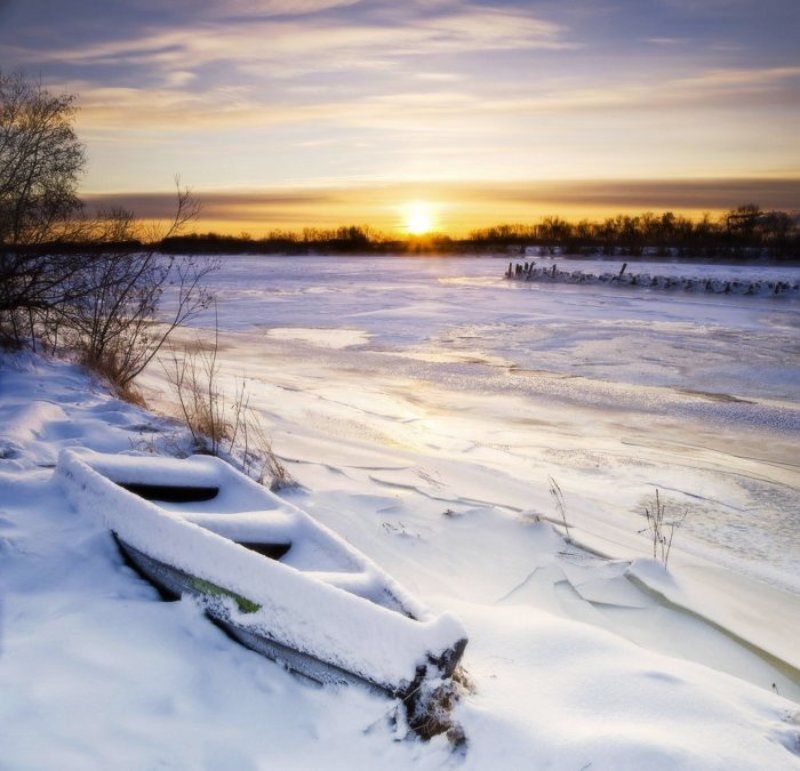 уйма, панорама, утро, мороз, лодка, река, лед, солнце Утро фото превью