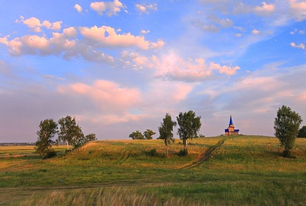 пейзаж, природа, поле, степь, часовня, церковь, лето, вечер, закат, Sokolova Tatiana