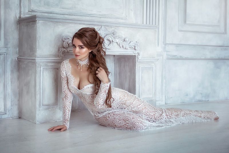 portrait, girl, woman, sexy, studio, dress, white, vintage, photo, Canon Iren фото превью